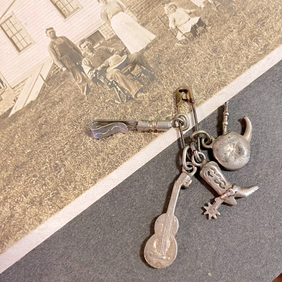 4 Vintage Southwest theme Pendant Charms including Guitar, Cowboy Boot, & Pipe - Picture 3 of 16